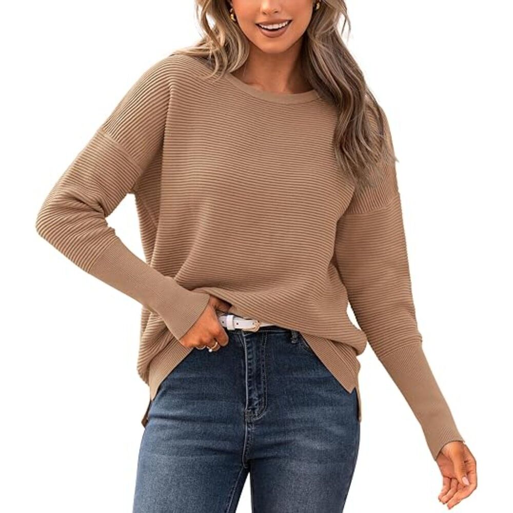 BTFBM Khaki Long Sleeve Sweater Striped Loose Fit Pullover, XL, 1P-1314T004 133
